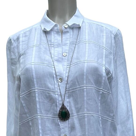 J. Jill Love Linen Tunic Blouse Women's Medium White Pintuck Plaid Button Front - Picture 2 of 15